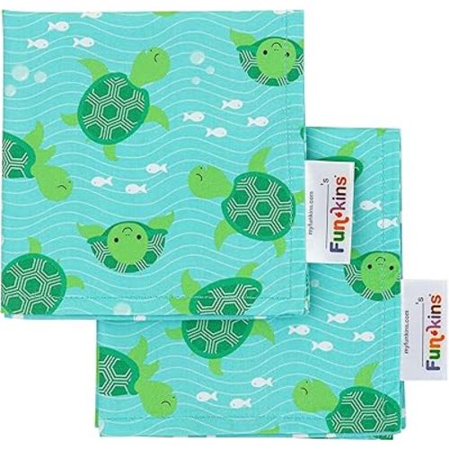 Funkins Reusable Cloth Napkins for Kids | 12”x12”, 2-Ply, Thick, Absorbent, Durable | Machine Washable | Name Tag | Soft Cotton Fabric | Great for School Lunchboxes | Set of 2 Napkins (Sea Turtles)
