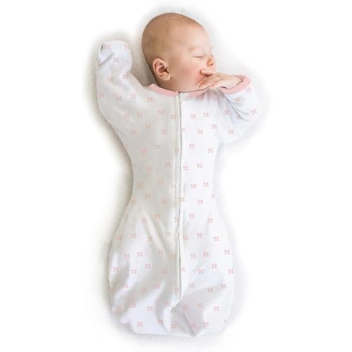 Amazing Baby Transitional Swaddle Sack with Arms Up Half-Length Sleeves and Mitten Cuffs, Small, 0-3 months, 6-14 lbs, Tiny Bows, Pink (Arms Up Swaddle, Transition Swaddle Sleep Sack)