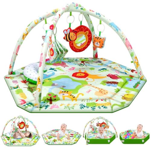 Baby Play Mat,Tummy Time Mat with 6 Detachable Toys-Activity Gym for Visual, Auditory & Motor Development-Washable Baby Activity Mat for 0-12 Month Infants(Animal Theme)