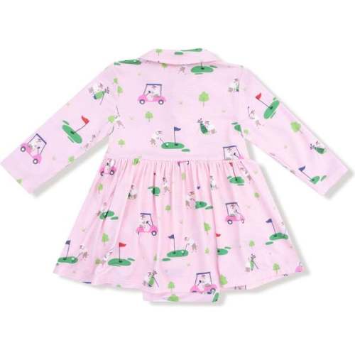 Long Sleeve Polo Bodysuit Dress, Dogs Pink Golf - Angel Dear | Maisonette