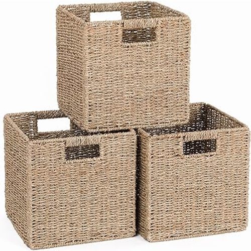 11x11x11in Seagrass Storage Baskets, Woven Baskets for Storage, Large Cube Wicker Storage Basket for Shelves Set of 3, Wicker Storage Basket, Bedroom, Living Room