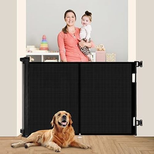 59 inch Retractable Baby Gates 42 inch Tall, Retractable Gate with Reinforced Strip Design to Prevent Crawling Through, 5 FT Retractable Dog Gate for Stairs, Doorways, Hallways, Indoor/Outdoor
