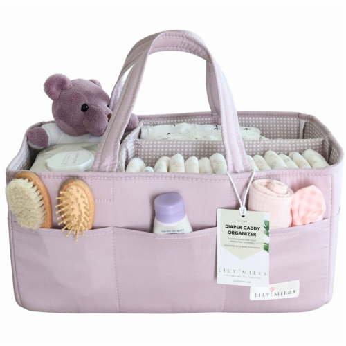Lily Miles Baby Diaper Caddy Organizer, Wipeable Diaper Organizer Basket with 8 Pockets for Newborn Essentials, Baby Shower Gifts, Nursery Tote Bag for Changing Table or Car (Rosy Lilac, Large)