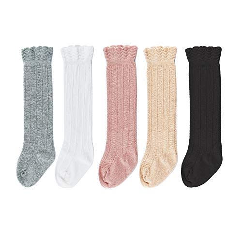 Bestjybt Baby Girls Boys Knee High Socks Cotton Newborn Infants Toddlers Cable Knit Tube Ruffled Stockings, 5 Pairs