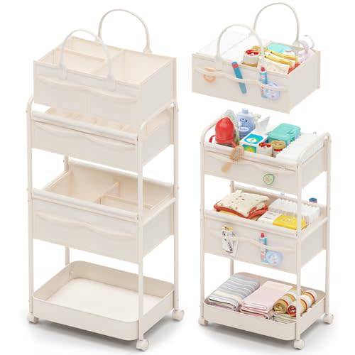 Baby Diaper Caddy, Premium Metal& Felt Movable Cart with Dividers for Newborn Nursery Essentials, Large Capacity Detachable Bedside Cart Organizer for Changing Table &Crib, Easy Assembly- Beige