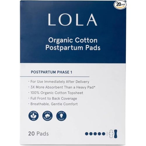LOLA Organic Cotton Postpartum Pads - 20 Count, Ultra Absorbent and Extra Long Pads, Overnight and Full Coverage, Adult Incontinence Pad for Women, Postpartum Essentials