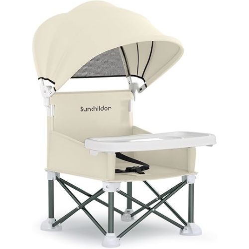 Portable Baby Booster Seat with Removable Tray & Canopy - 3 Point Safety Harness, Compact Fold for Travel, Indoor Outdoor Use for Infants & Toddlers, Beige