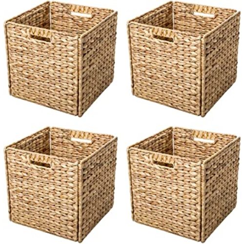 Foldable Hyacinth Storage Baskets with Iron Wire Frame (Set of 4)