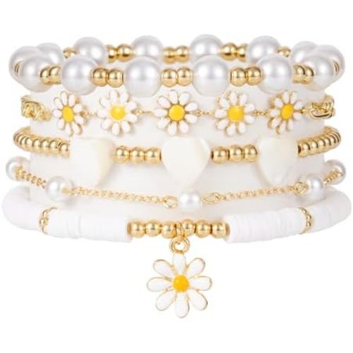 Heishi Beaded Stretch Bracelets for Women Stackable Gold Polymer Clay Beads Bracelets Friendship Boho Summer Beach Bracelets Jewelry Set