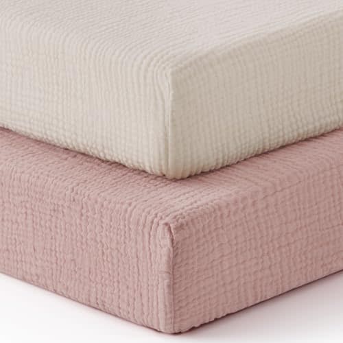Blissful Diary Muslin Crib Sheets for Girl Boy, Boho Neutral Soft Cotton Baby Sheet for 52''x28'' Standard Crib Mattress, 2 Pack(Cream&Pink)
