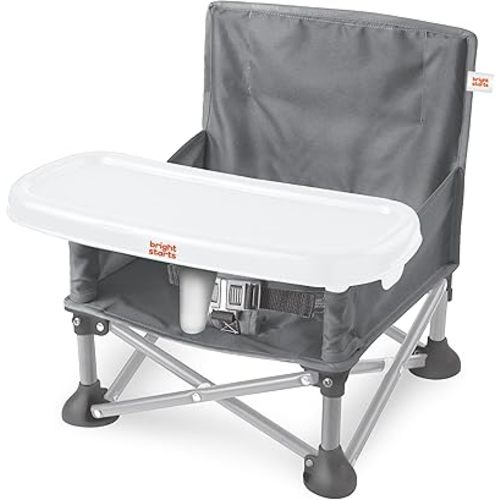 Bright Starts Pop 'N Sit Portable Booster, Indoor/Outdoor Use, Floor Seat with Feeding Tray, Grey, 6 Mos - 3 Yrs