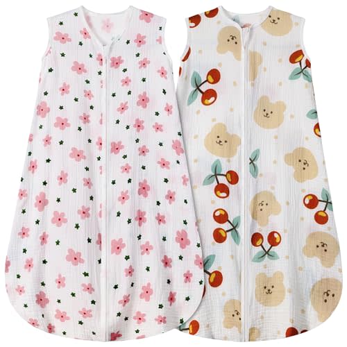 BSTOPPT 2 Pack Baby Sleep Sack 0-6 Months 100% Cotton Muslin Baby Sleeping Bag 2-Way Zipper Wearable Blankets (Flower & Cherry, Small)