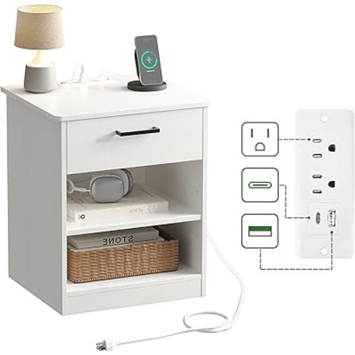 Everyday Side Table with Fast Charging Station - USB C Cable Fast Charging, Wooden White Nightstand Bedside Table with Drawer, End Table with Optional Adjustable Shelf for Bedroom, Set of 1