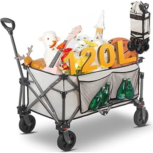 Collapsible Folding Wagon Cart, 220LBS Heavy Duty Foldable Utility Garden Cart with All Terrain Wheels & Side Storage Bag, Portable Sports Wagon for Camping, Shopping, Garden