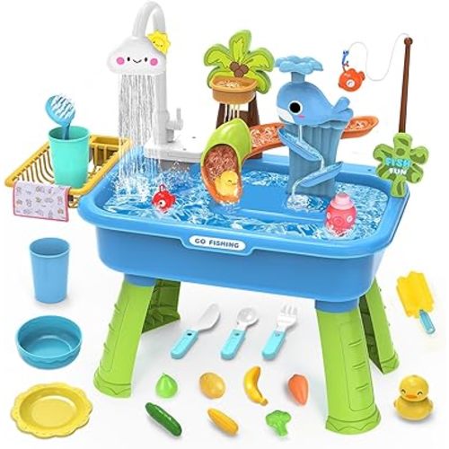 Water Table for Toddlers 1-3 with Electric Water Pump, Sand and Water Table for Kids Ages 4-8 Play Sink with Running Water & Electric Faucet, Role Play Sensory Toys 21.26''L x 11.42''W x 20.87''H