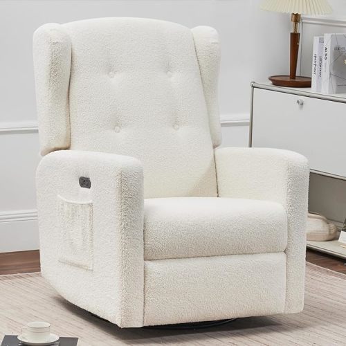 Power Swivel Rocking Recliner Chair, High Back Electric Rocker Nursery Glider Chair, USB and Type-C Ports, Upholstered Teddy Fabric Reclining Single Sofa Chair for Living Room (Teddy Beige)