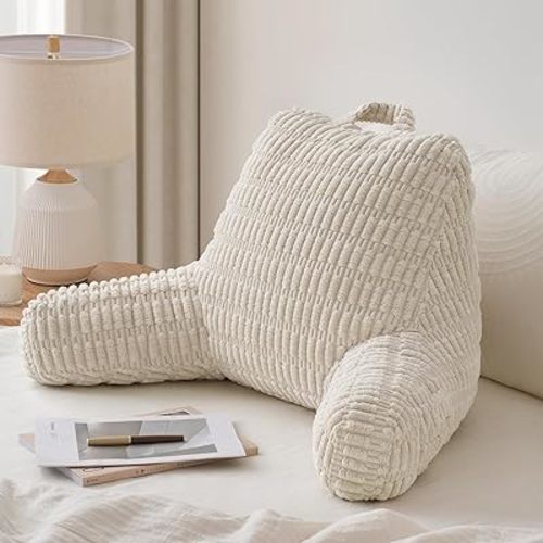Blissful Diary Reading Pillow, Stylish Bed Pillow with Shredded Memory Foam for Adult Children Backrest, Back Pillow for Bed & Couch Sitting Up with Arms & Pockets & Washable Cover (Off White)