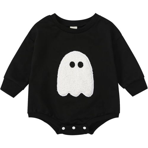 Lesimsam Baby Boy Girl Halloween Outfit Ghost Embroidery Sweatshirt Romper Oversized Sweater Romper One-Piece Outfit - 6-12 Months - Black