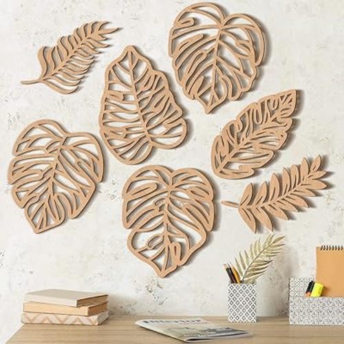 Namalu 7 Pcs Tropical Wall Decor Jungle Monstera Wall Art Boho Palm Leaf Wooden Decoration Tropical Nursery Decor Vintage Natural Monstera Leaf Plaque for Farmhouse Kitchen Bedroom Garden(Wood Color)