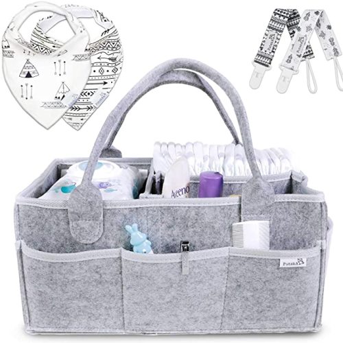 Putska Baby Diaper Caddy Organizer: Portable Holder Bag for Changing Table and Car, Nursery Essentials Storage bins gifts with 2 Pacifier Clips, 2 Bibs - Light Grey