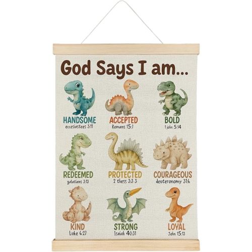 ATBWGT God Says I Am Dinosaur Christian Wall Art Decor, Dinosaur Room Decor for Boys, Inspirational Bible Verses Poster Hanger Frame for Boys Bedroom Playroom Nursery, 12x16 Inch