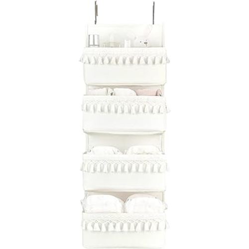 Dahey Over The Door Organizer Boho Nursery Storage Decor Closet Hanging Organizer with Tassels Decoration for Bedroom Nursery Bathroom Apartments Dorm Pantry, 4 Pockets, White and Grey