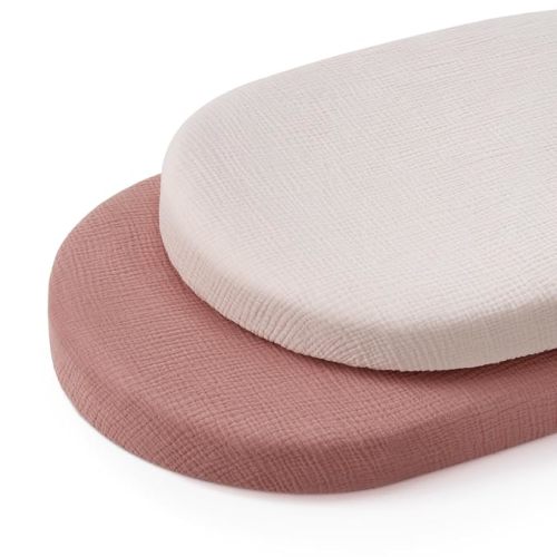 Blissful Diary Muslin Bassinet Sheets for Baby Girls Boys, Boho Soft Cotton Fitted for Oval Hourglass Rectangle Mattress, 2 Pack(Dusty Pink&Cream) - Dusty Pink & Cream - Bassinet Sheets 2 Pack