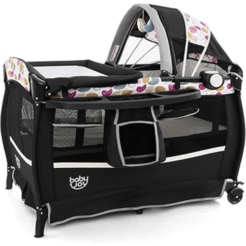 BABY JOY 4 in 1 Pack and Play, Portable Baby Playard with Bassinet & Flip-Away Changing Table, Canopy, Portable Bedside Crib with Storage Basket, Infant Bassinet from Newborn to Toddlers (Circle)