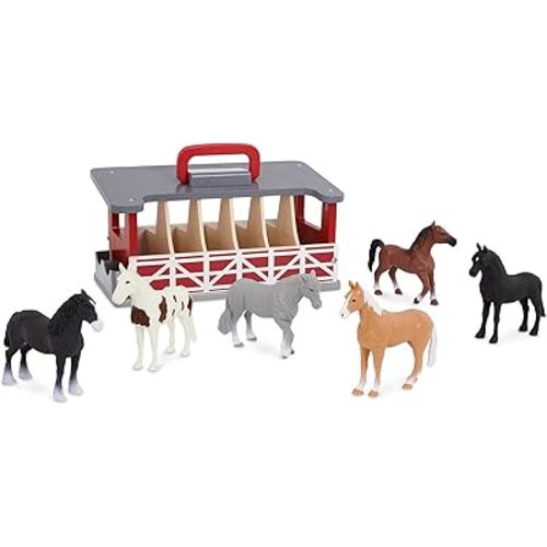 Terra by Battat Wooden Farm Playset 6 Toy Horses & Barn Detailed Equestrian Figurines Portable Travel Stable Carry & Go Horse Stable 3 Years+