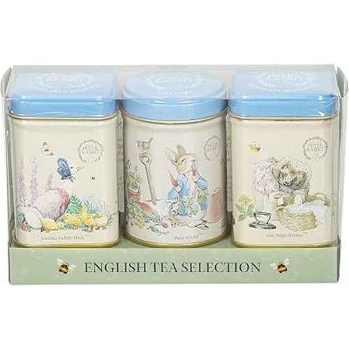 Peter Rabbit 3x Mini Tea Tins with Loose Leaf English Tea, Beatrix Potter Gift, Small Caddy Set