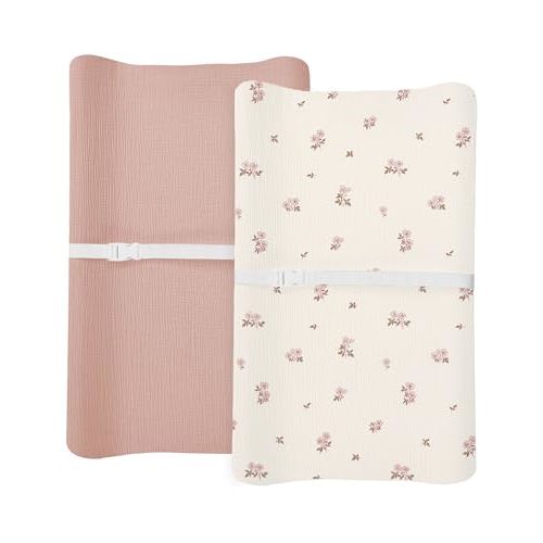 Changing Pad Cover for Baby Boy Girl 2 Pack, Muslin Changing Table Pad Covers with Boho Style, Neutral Nursery Bedding Essentials Soft and Breathable (Vintage Blossom & Pink)