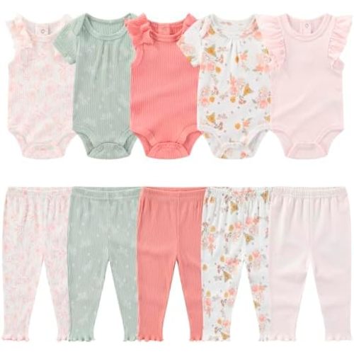 Newborn Baby Layette Gift Set 10-Piece Baby Boy Girl Short Sleeve Bodysuits with Pants Infant Outfit Essentials