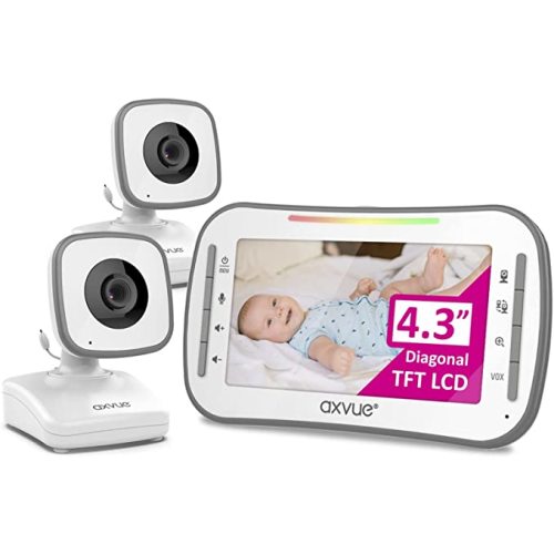 Axvue Video Baby Monitor, Comfortable Slim Design Handheld Enclosure, 4.3" Screen Monitor & 2 Camera, Range up to 1000ft, 12 Hour Battery Life, 2-Way Talk, Night Vision, Temperature Monitor, No WiFi.