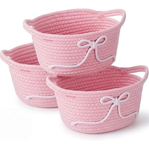 Glooglitter 3 Pcs Pink Bow Storage Baskets Woven Cotton Rope Laundry Hamper with Handles for Home Decor Organization Baby Room Bedroom (Solid Color)