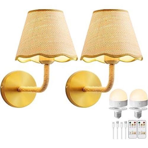 PENACINY Battery Operated Rattan Wall Sconces Set of Tow, Wireless Rechargeable Battery Powered Wall Light with Grass-Woven Lampshade for Bedroom Living Room Hallway Porch(E26 Bulb Included)