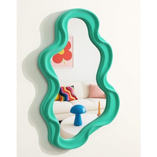 Green Wall Mirror Decor for Hallway Entryway, Small Asymmetrical Decorative Mirrors for Home Office Living Room, Funky Home Accent Decor for Housewarming Christmas Wedding Gift (Green)