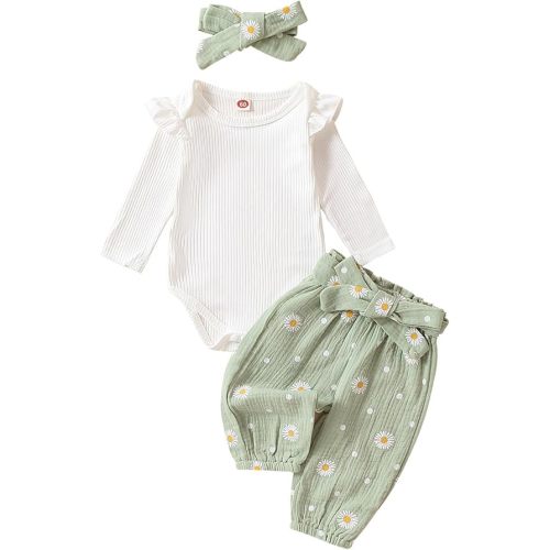 Newborn Baby Girl Clothes Rib Knit Romper Daisy Print Pants Infant Girl Outfit with Headband