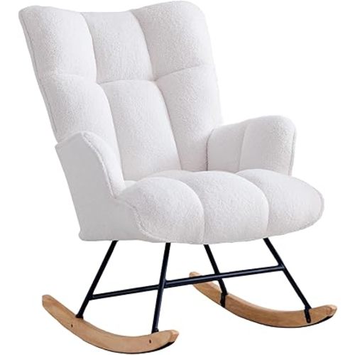 Rocking Chair Nursery Teddy Upholstered Glider Rocker Rocking Accent Chair Padded Seat with High Backrest Armchair Comfy Side Chair for Living Room Bedroom Offices (White Teddy)