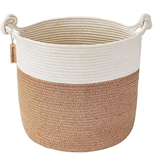 Goodpick Woven Storage Basket, Small Laundry Basket for Clothes 15 x 14.2 Inches, Toy Storage Basket, Rope Basket for Blanket, Wicker Basket for Storage, Brown
