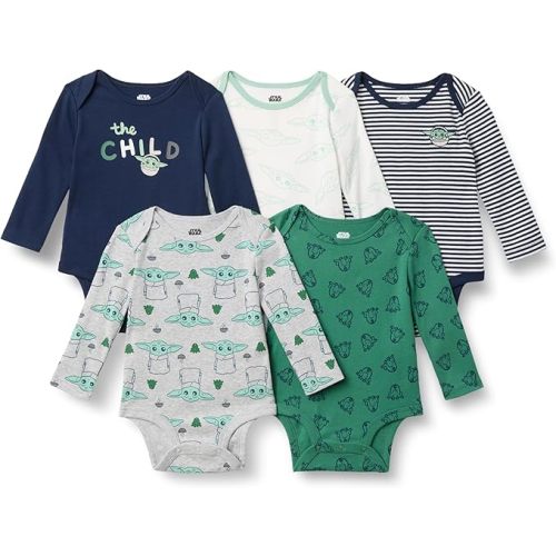 Amazon Essentials Disney | Marvel | Star Wars Unisex Babies' Long-Sleeve Bodysuits, Pack of 5