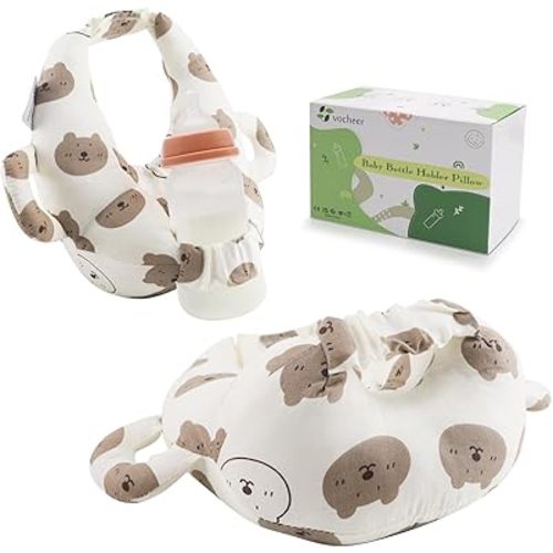 vocheer Baby Bottle Holder Hands Free, Self Feeding Infant Bottle Propper, Twin Baby Essentials, Portable Support Pillow for Newborns,Cotton, White Bear