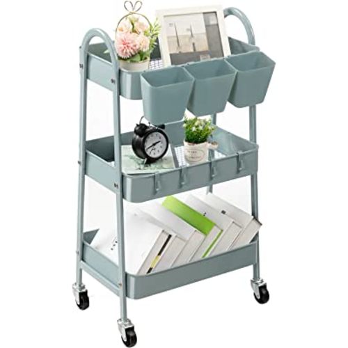 danpinera 3-Tier Rolling Cart, Metal Rolling Storage Cart with Lockable Wheels & Hanging Cups & Hooks, Mobile Trolley Cart for Kitchen, Bathroom, Office, Workshop, Gray Blue