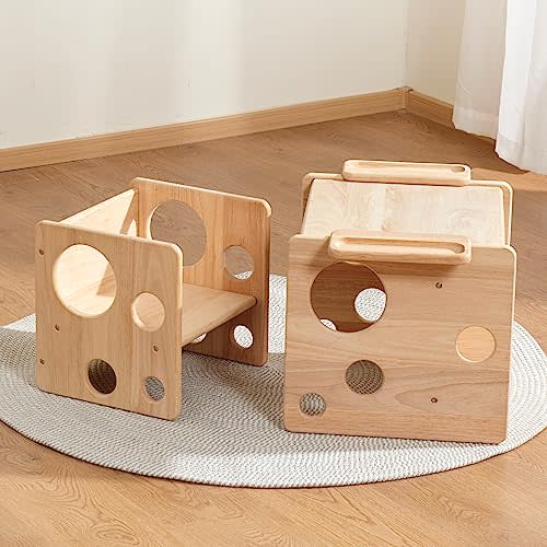 Woodtoe Kids Table and Chair Set, Montessori Weaning Table and Chair Set for Toddler, Natural Solid Wooden Activity Table Cube Chair for Drawing Reading, Montessori Playroom Furniture for Children