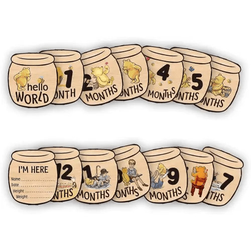 Baby Bear Month Milestone Circles, Wooden Honey Pot Shaped, for Baby Photo Shoots with 'Hello, World' Name Signs - 7 Double-Sided Signs for Documenting Growth