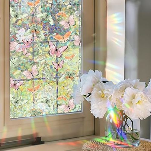 Window Privacy Film,Butterflies Stained Glass Window Film,Rainbow Decorative Window Cling,Sun Blocking Static Cling Window Stickers,Room Home Decor Window Cover 17" x 39.4" (BL015)