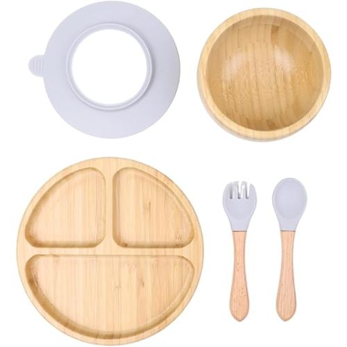 Bamboo Toddler Plate & Bowl Set with Strong Suction – Includes Plate, Bowl, Spoon & Fork – Baby Plates with Suction for Baby Led Weaning, Kids Feeding Essentials, Non-Toxic & BPA Free (White)