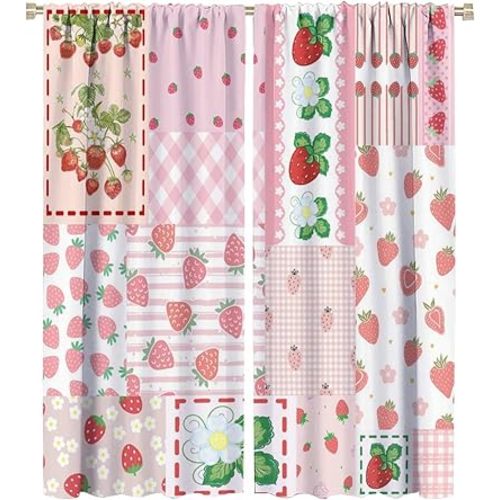 Pink Art Modern Strawberry Curtains, Watercolor Spring Garden Florals Tropical Fruit Strawberry Window Treatments Thermal Insulated Rod Pocket Blackout Curtains 2 Panels 54" L x 21" W