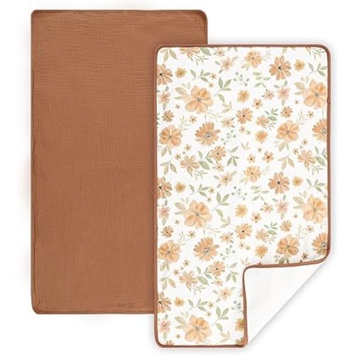 Waterproof Portable Changing Pad 2 Pack, Muslin Cotton Baby Changing Mat Comfortable & Breathable, Foldable Diaper Changing Pad for Travel, Machine Washable, Flower & Brown