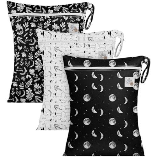 LA PETITE OURSE Wet Dry Bags with Zipper Closure and Hanging Strip, Washable, Reusable, Baby Cloth Diapers- Pack of 3 (Woof)