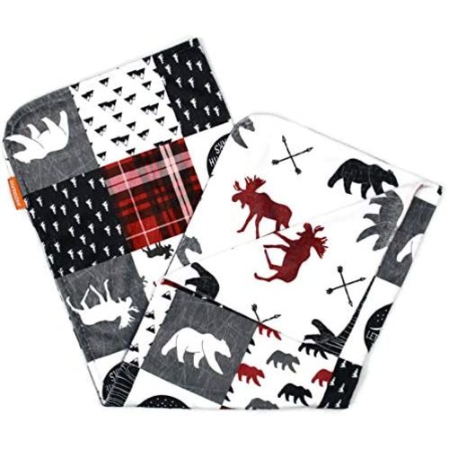 Dear Baby Gear Deluxe Baby Blankets, Custom Minky Print Double Layer, Northwood Adventure Faux Quilt and Moose with Bears, 38 Inches by 29 Inches
